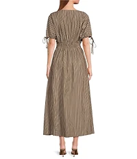 Sugarlips Striped Fessia Boat Neck Short Sleeve Pleated Waist Midi Dress