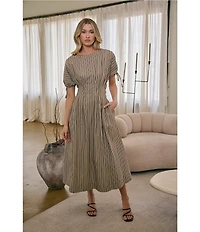 Sugarlips Striped Fessia Boat Neck Short Sleeve Pleated Waist Midi Dress