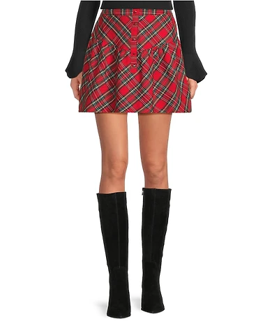 Sugarlips Structure Plaid Back Elastic Waist Button Front A-Line Mini Skirt