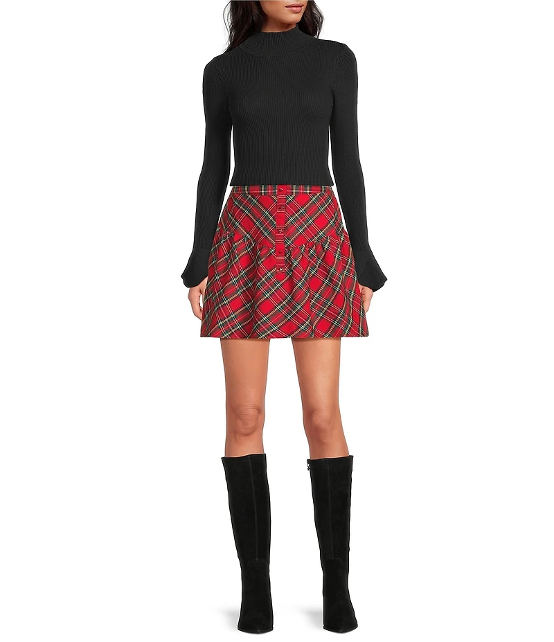 Sugarlips Structure Plaid Back Elastic Waist Button Front A-Line Mini Skirt