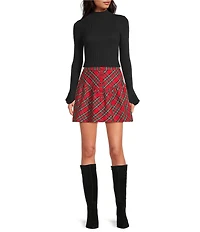 Sugarlips Structure Plaid Back Elastic Waist Button Front A-Line Mini Skirt