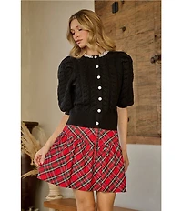 Sugarlips Structure Plaid Back Elastic Waist Button Front A-Line Mini Skirt
