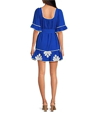 Sugarlips Tanya Floral Embroidered Square Neck Flutter Sleeve Linen Mini Dress