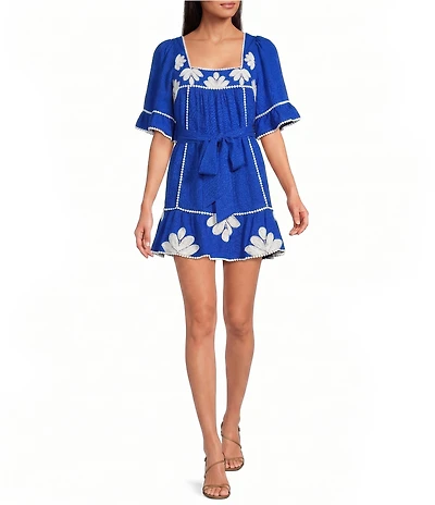 Sugarlips Tanya Floral Embroidered Square Neck Flutter Sleeve Linen Mini Dress