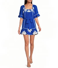 Sugarlips Tanya Floral Embroidered Square Neck Flutter Sleeve Linen Mini Dress