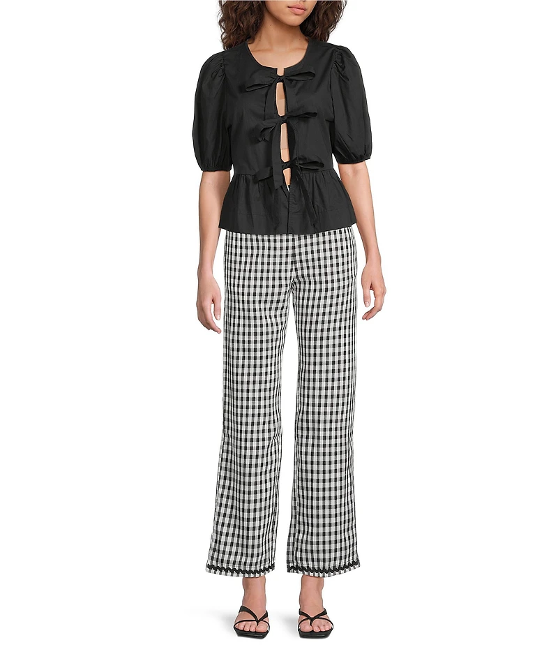 Sugarlips Tie Front Short Puff Sleeve Peplum Poplin Top