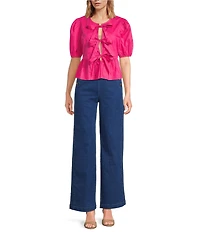 Sugarlips Tie Front Short Puff Sleeve Peplum Poplin Top
