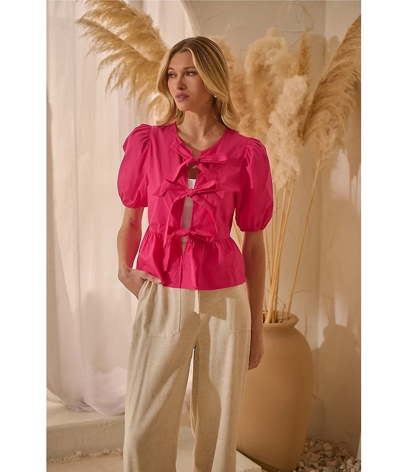Sugarlips Tie Front Short Puff Sleeve Peplum Poplin Top
