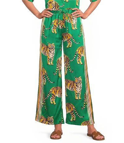 Sugarlips Tiger Jungle Printed Satin High-Rise Wide Leg Coordinating Pants