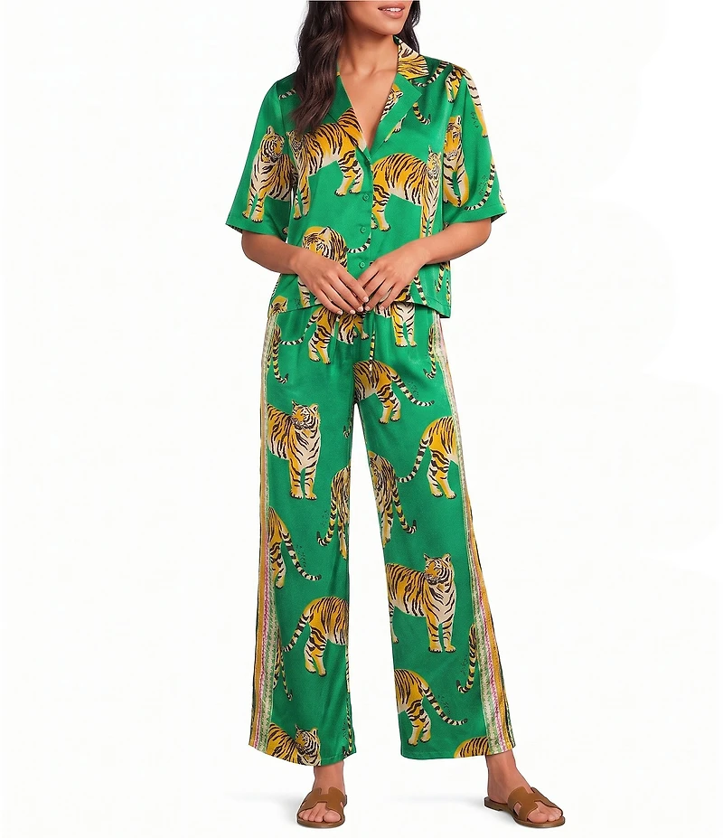 Sugarlips Tiger Jungle Printed Satin High-Rise Wide Leg Coordinating Pants