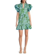 Sugarlips Tressa Floral Print Alina Split V-Neck Ruffle Cap Sleeve Poplin Mini Shift Dress