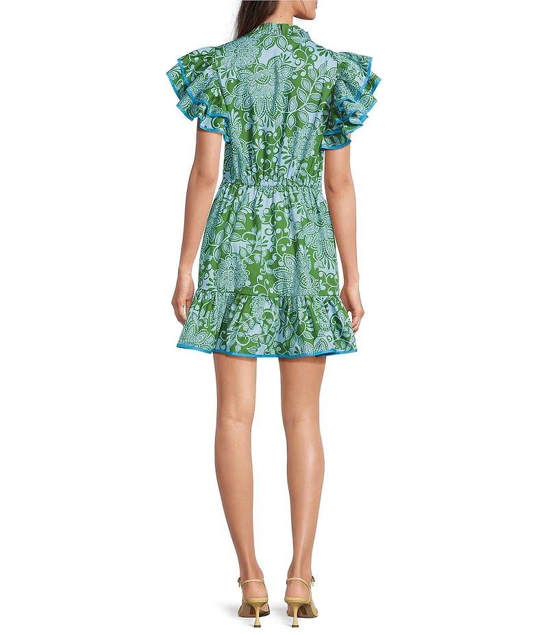 Sugarlips Tressa Floral Print Alina Split V-Neck Ruffle Cap Sleeve Poplin Mini Shift Dress