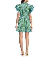 Sugarlips Tressa Floral Print Alina Split V-Neck Ruffle Cap Sleeve Poplin Mini Shift Dress