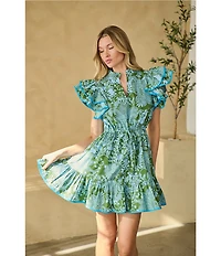 Sugarlips Tressa Floral Print Alina Split V-Neck Ruffle Cap Sleeve Poplin Mini Shift Dress