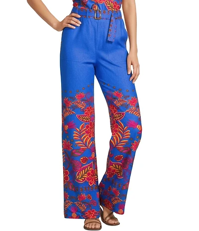 Sugarlips Tropical Border Print Linen Blend High-Rise Wide Leg Coordinating Pants