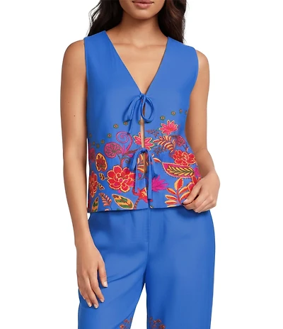 Sugarlips Tropical Border Print Linen Blend V-Neck Sleeveless Coordinating Vest Top