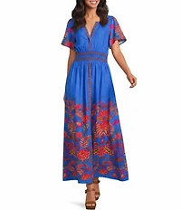 Sugarlips Tropical Border Print Palmer Linen Blend V-Neck Short Sleeve Smocked Waist Maxi Dress
