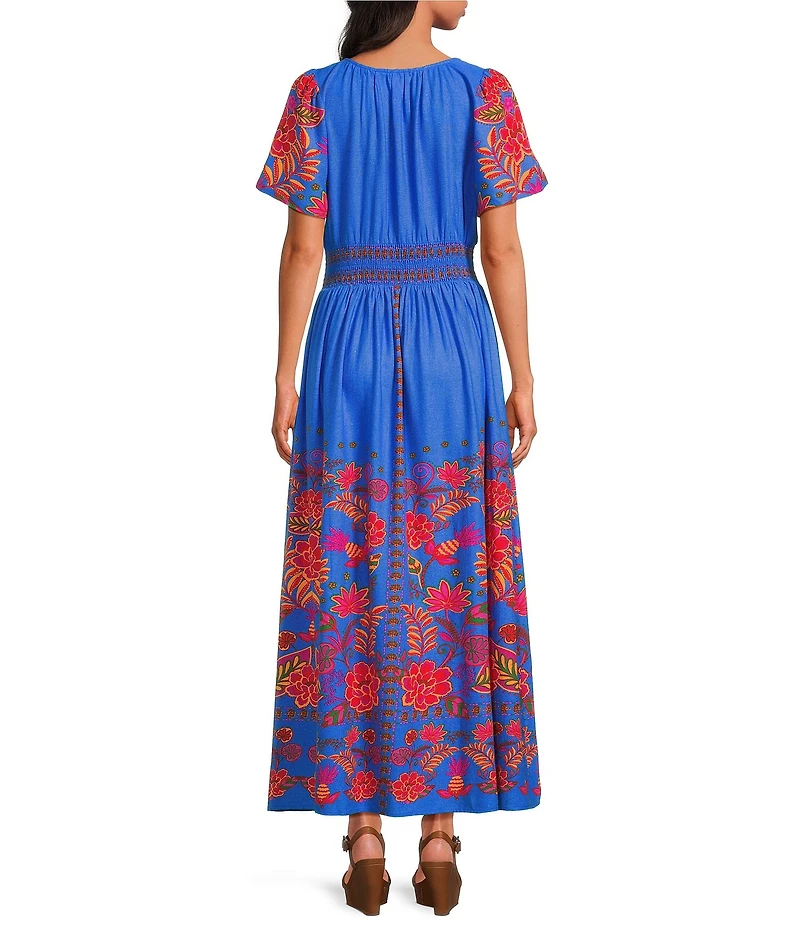 Sugarlips Tropical Border Print Palmer Linen Blend V-Neck Short Sleeve Smocked Waist Maxi Dress