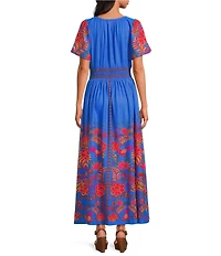 Sugarlips Tropical Border Print Palmer Linen Blend V-Neck Short Sleeve Smocked Waist Maxi Dress
