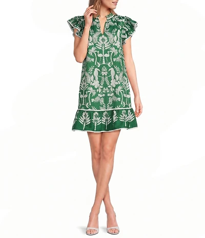 Sugarlips Tropical Ebba Printed Split Neck Ruffle Cap Sleeve Mini Shift Dress
