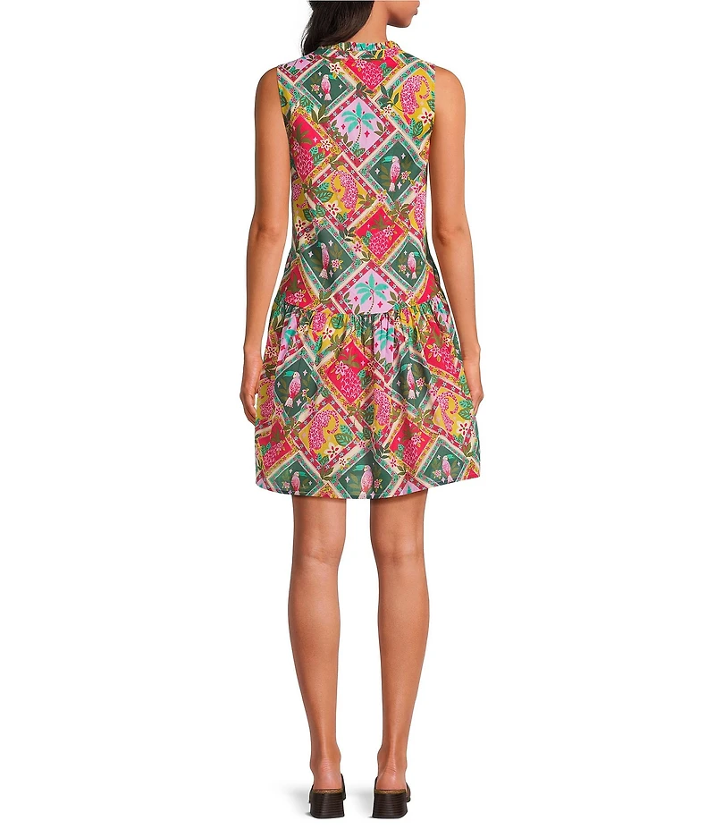 Sugarlips Tropical Loly Trapeze Printed Split Neck Sleeveless Mini Shift Dress