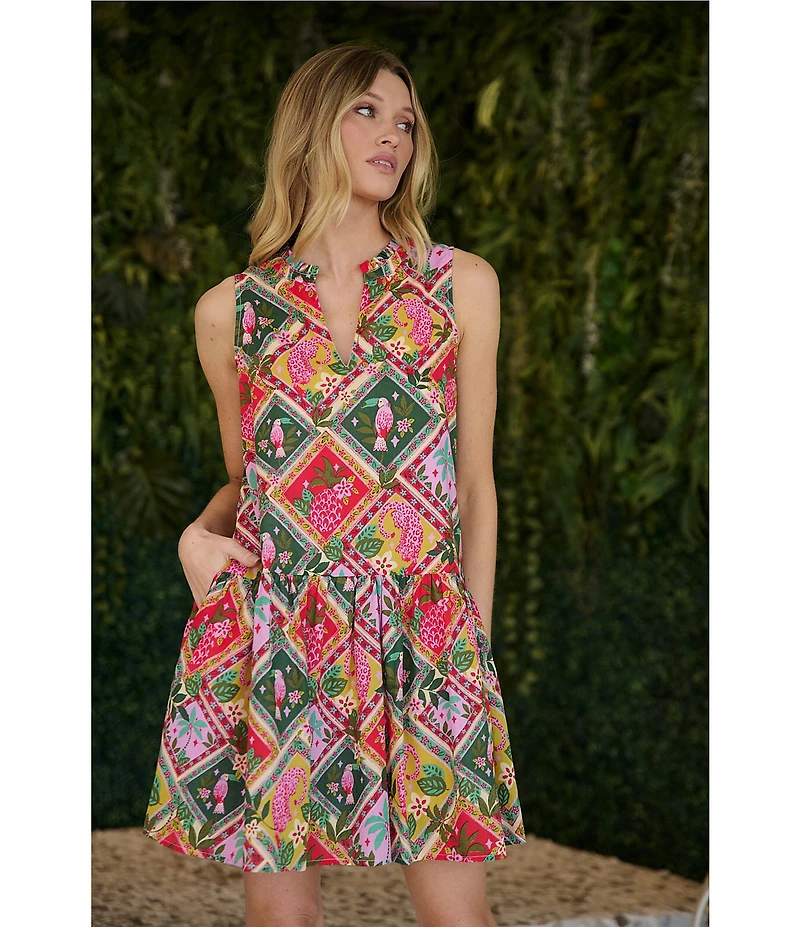 Sugarlips Tropical Loly Trapeze Printed Split Neck Sleeveless Mini Shift Dress