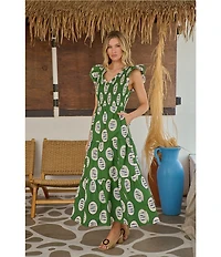 Sugarlips Tropical Sunfire Printed V-Neck Sleeveless Tiered A-Line Maxi Dress