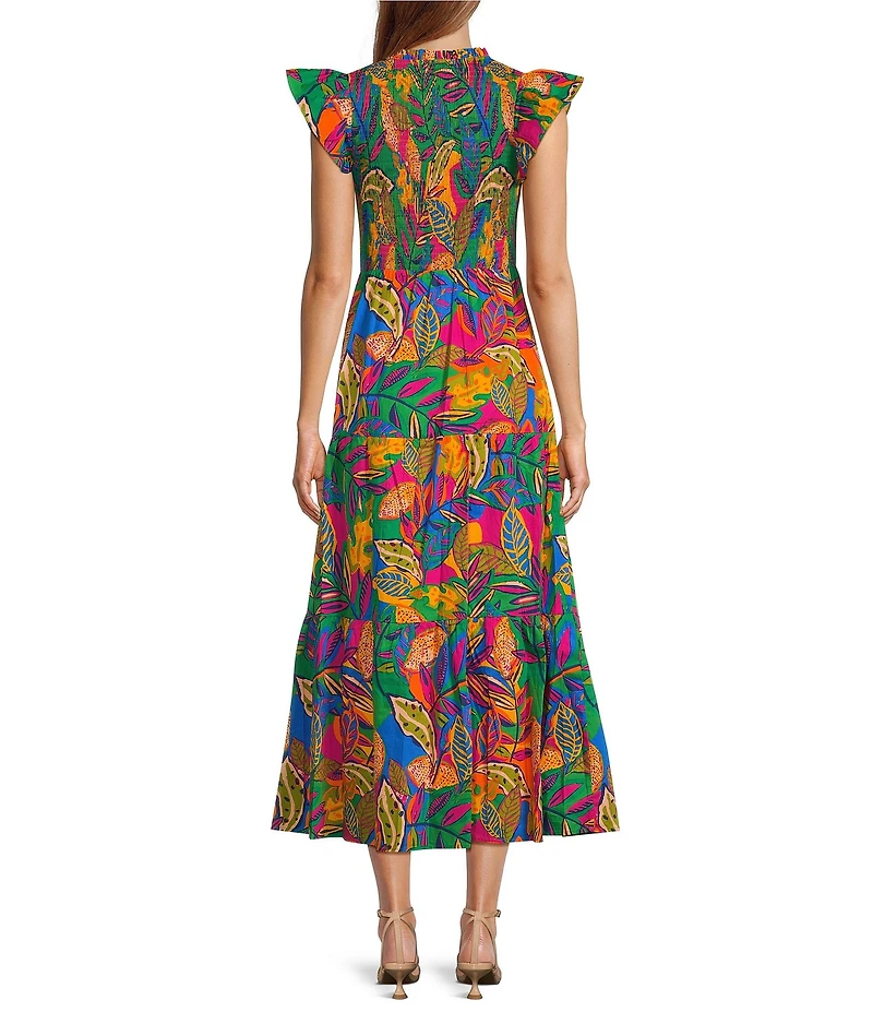 Sugarlips V-Neck Tropical Multi Sunfire Sleeveless Smocked Bodice Midi Dress