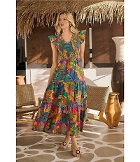 Sugarlips V-Neck Tropical Multi Sunfire Sleeveless Smocked Bodice Midi Dress