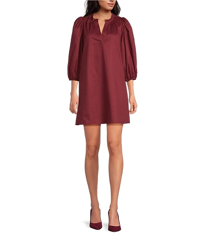 Sugarlips Victoria Solid Cotton Poplin Split V-Neck 3/4 Puff Sleeves Shift Mini Dress