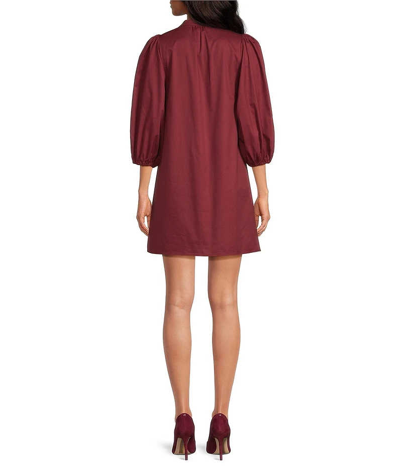 Sugarlips Victoria Solid Cotton Poplin Split V-Neck 3/4 Puff Sleeves Shift Mini Dress