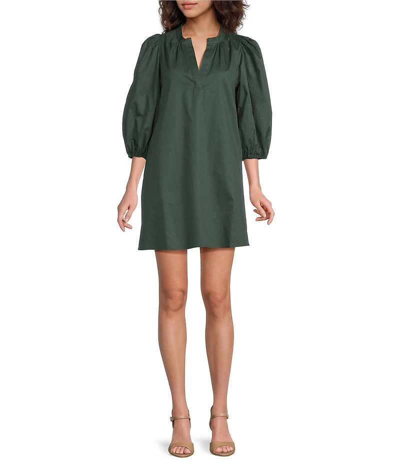 Sugarlips Victoria Solid Cotton Poplin Split V-Neck 3/4 Puff Sleeves Shift Mini Dress