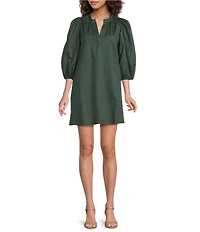 Sugarlips Victoria Solid Cotton Poplin Split V-Neck 3/4 Puff Sleeves Shift Mini Dress