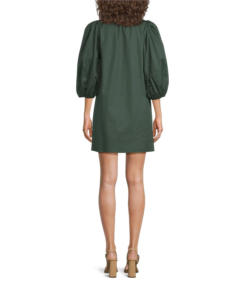 Sugarlips Victoria Solid Cotton Poplin Split V-Neck 3/4 Puff Sleeves Shift Mini Dress
