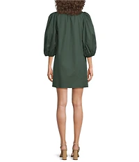 Sugarlips Victoria Solid Cotton Poplin Split V-Neck 3/4 Puff Sleeves Shift Mini Dress