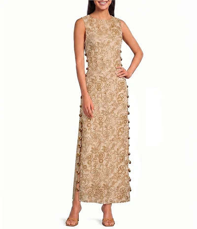 Sugarlips Vieta Hazley Floral Printed Round Neck Sleeveless Cut Out Linen Maxi Dress