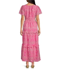 Sugarlips Viridiana Floral Eyelet Palmer V-Neck Short Sleeve Tiered Maxi Dress