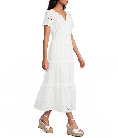 Sugarlips Viridiana Floral Eyelet Palmer V-Neck Short Sleeve Tiered Maxi Dress