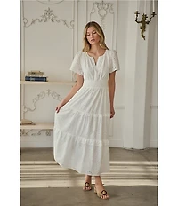 Sugarlips Viridiana Floral Eyelet Palmer V-Neck Short Sleeve Tiered Maxi Dress