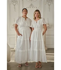 Sugarlips Viridiana Floral Eyelet Palmer V-Neck Short Sleeve Tiered Maxi Dress