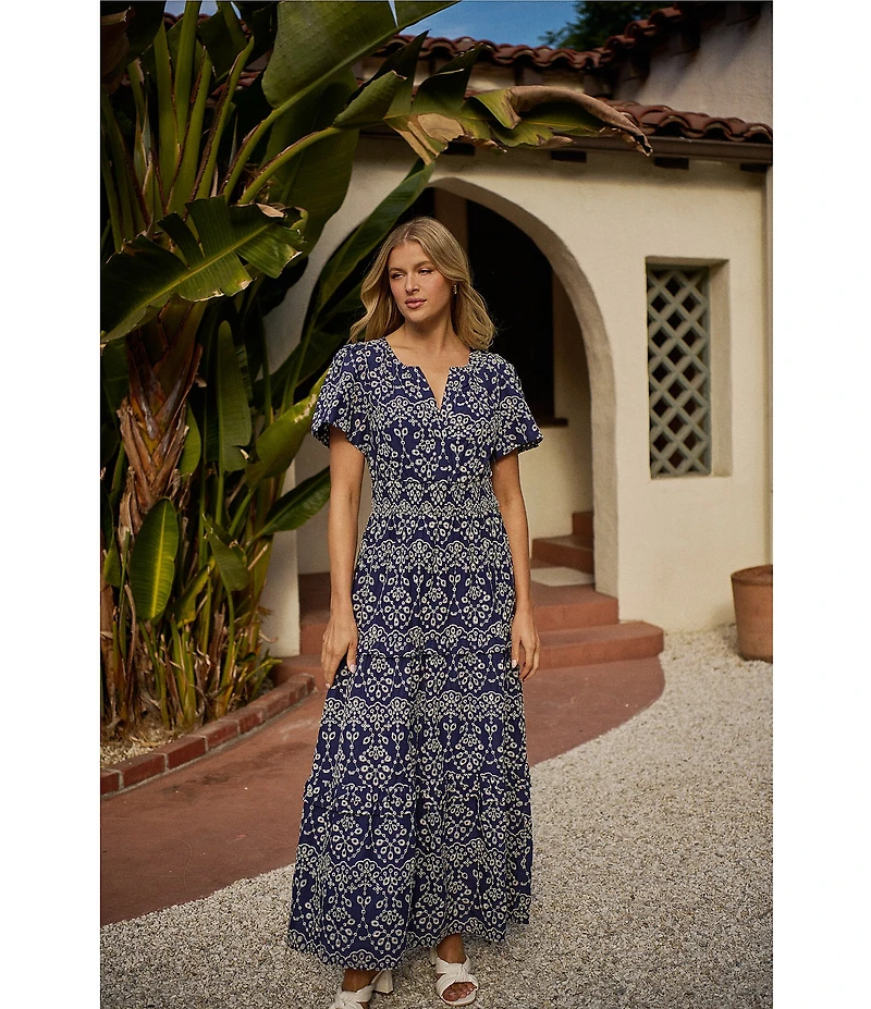 Sugarlips Viridiana Floral Eyelet Palmer V-Neck Short Sleeve Tiered Maxi Dress