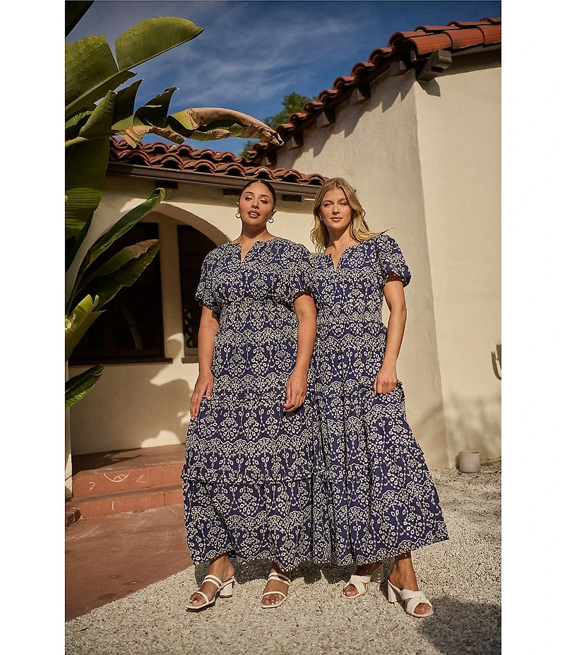 Sugarlips Viridiana Floral Eyelet Palmer V-Neck Short Sleeve Tiered Maxi Dress