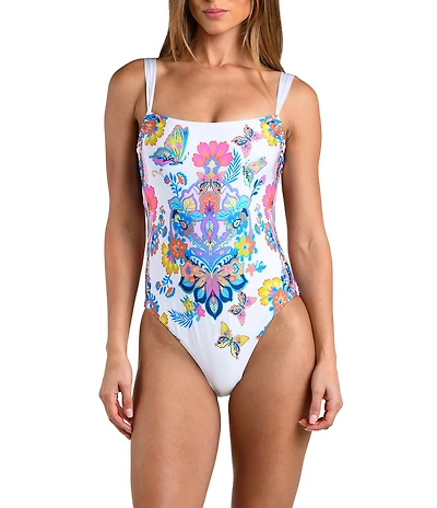 Sunshine '79 Butterfly High Square Neck Tie Back Tummy Control Tank One Piece Swimsuit