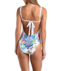 Sunshine '79 Butterfly High Square Neck Tie Back Tummy Control Tank One Piece Swimsuit