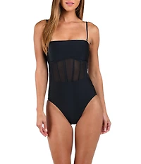 Sunshine '79 Solid Straight Neck Corset Binding Over Mesh Bandeau One Piece Swimsuit