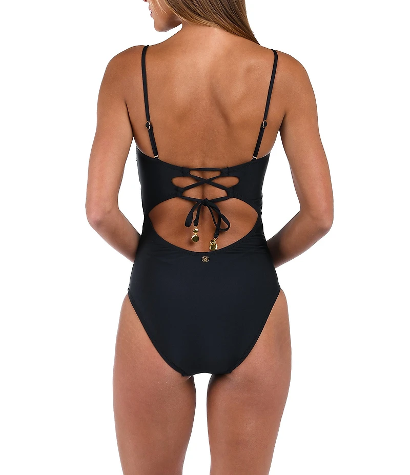 Sunshine '79 Solid Straight Neck Corset Binding Over Mesh Bandeau One Piece Swimsuit