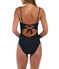 Sunshine '79 Solid Straight Neck Corset Binding Over Mesh Bandeau One Piece Swimsuit