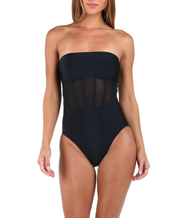 Sunshine '79 Solid Straight Neck Corset Binding Over Mesh Bandeau One Piece Swimsuit