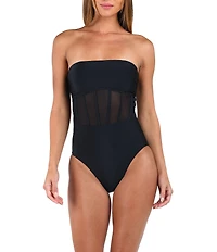 Sunshine '79 Solid Straight Neck Corset Binding Over Mesh Bandeau One Piece Swimsuit