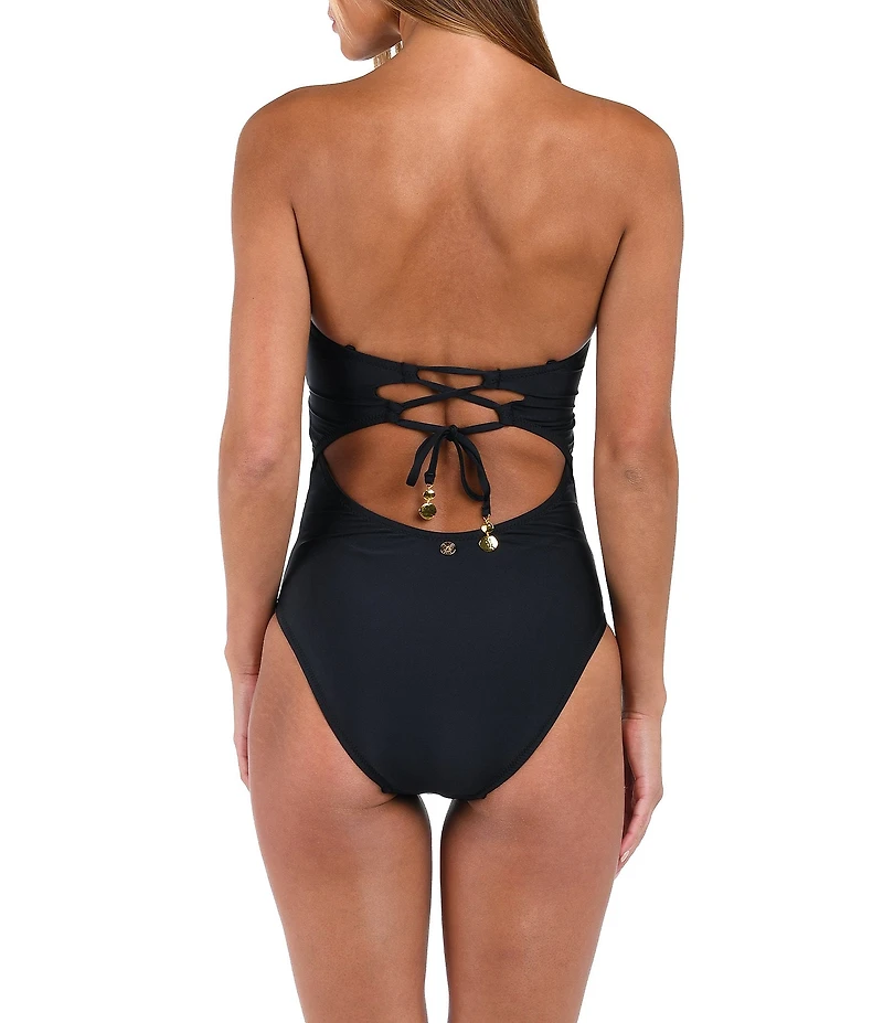 Sunshine '79 Solid Straight Neck Corset Binding Over Mesh Bandeau One Piece Swimsuit